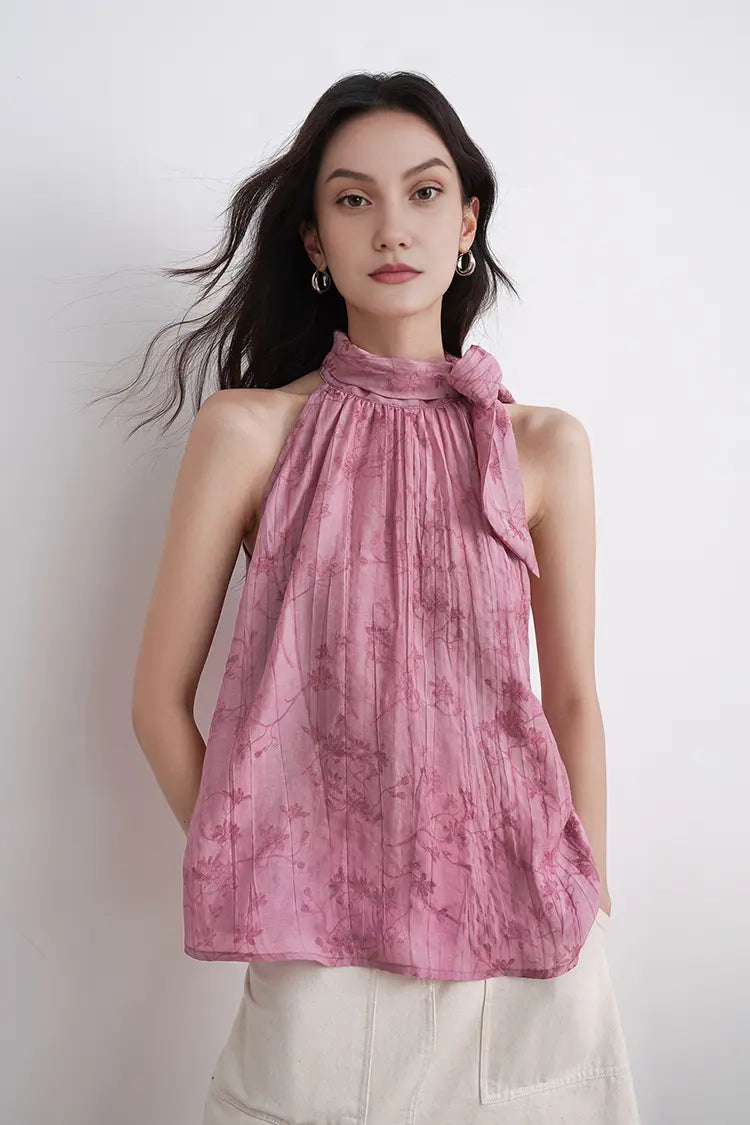 Lyocell Jacquard Halter Neck Top with Bow