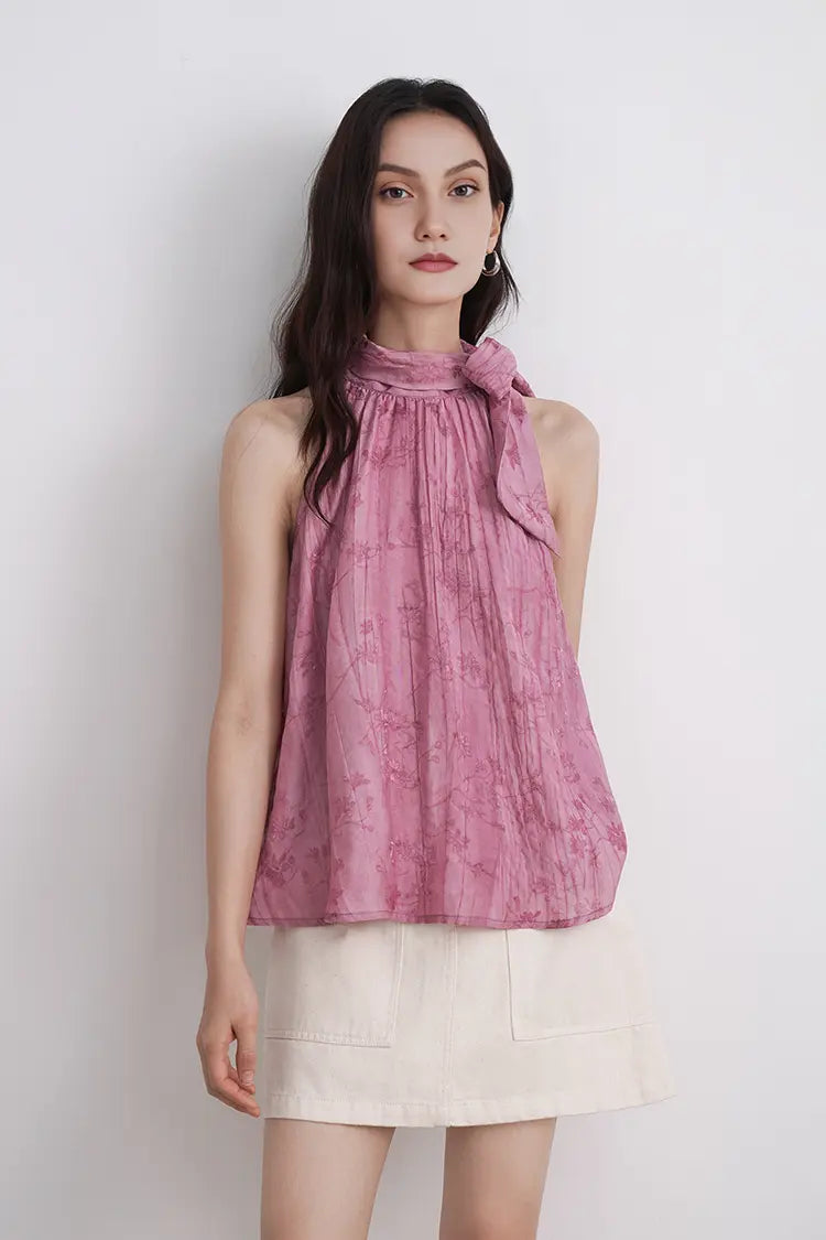 Lyocell Jacquard Halter Neck Top with Bow