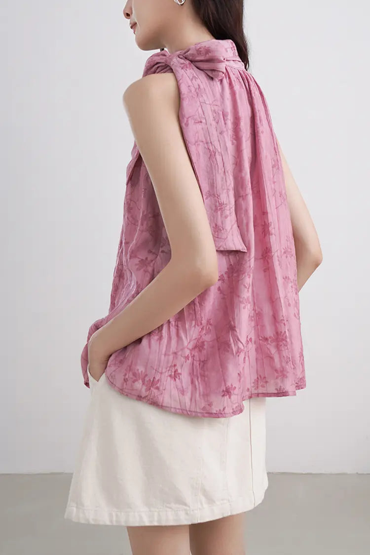 Lyocell Jacquard Halter Neck Top with Bow