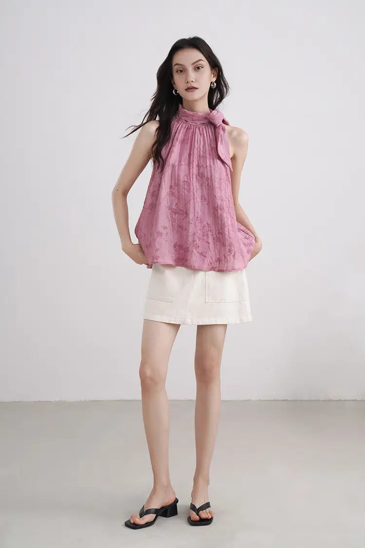 Lyocell Jacquard Halter Neck Top with Bow