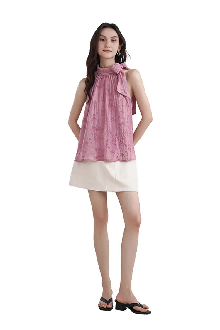 Lyocell Jacquard Halter Neck Top with Bow