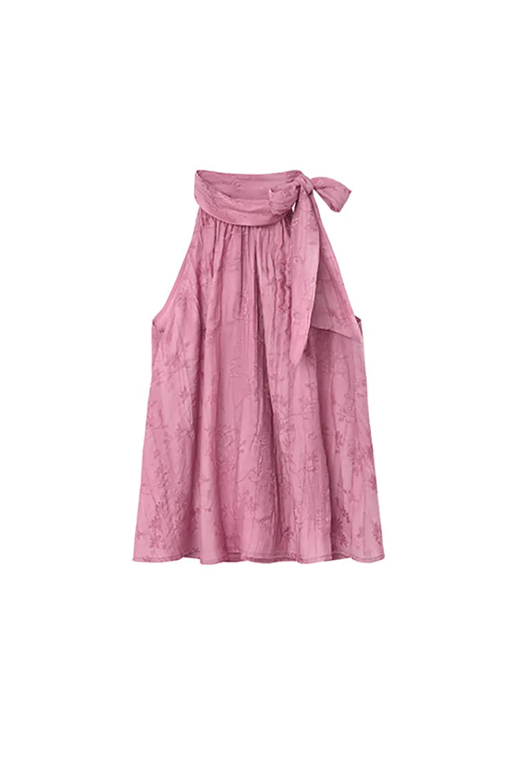 Lyocell Jacquard Halter Neck Top with Bow