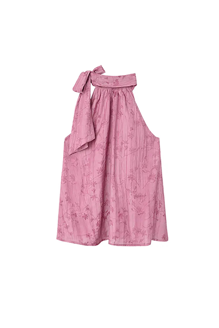Lyocell Jacquard Halter Neck Top with Bow