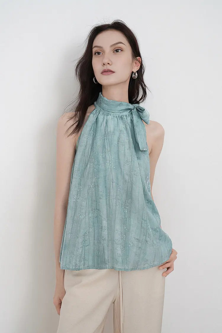 Lyocell Jacquard Halter Neck Top with Bow
