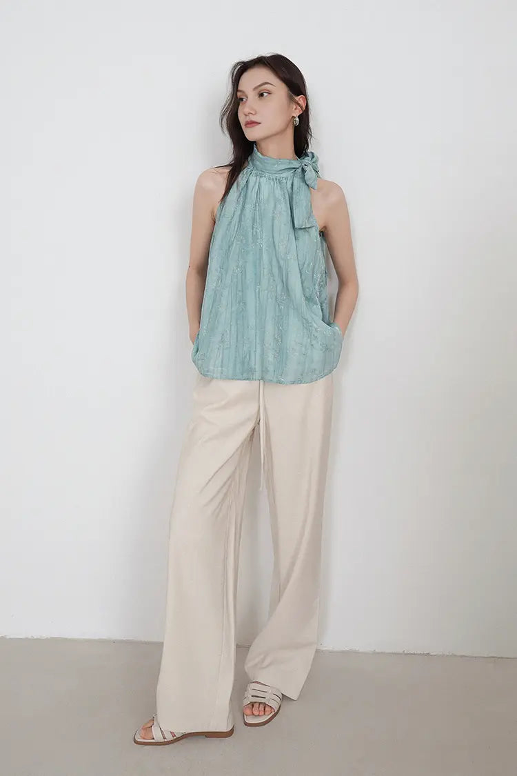 Lyocell Jacquard Halter Neck Top with Bow