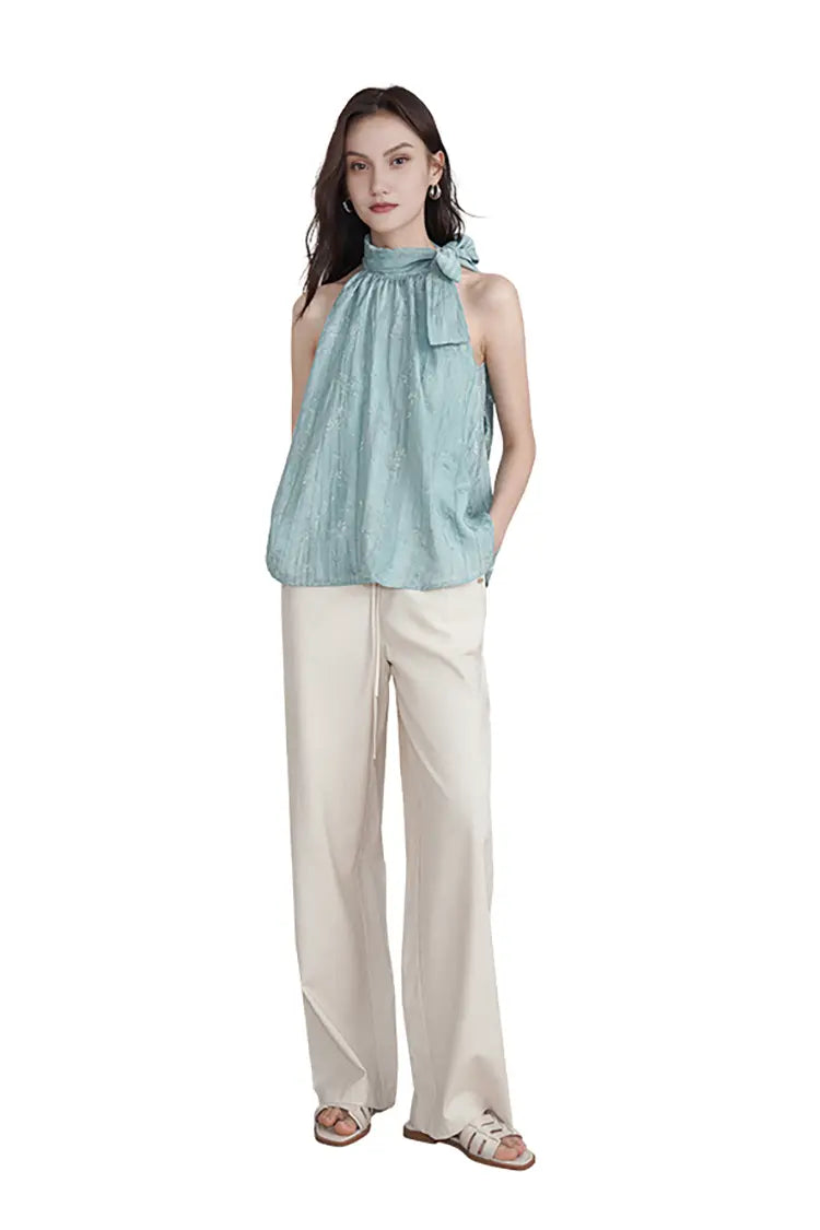 Lyocell Jacquard Halter Neck Top with Bow