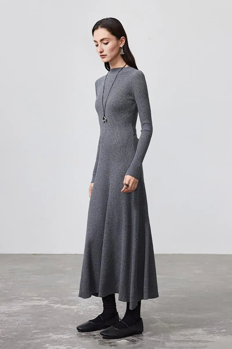 Machine Washable Merino Wool Fit & Flare Midi Sweater Dress with Belt