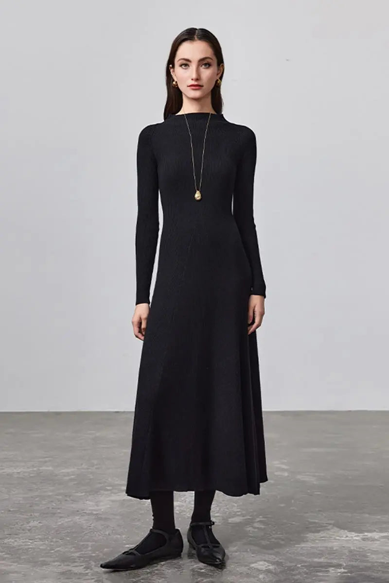 Machine Washable Merino Wool Fit & Flare Midi Sweater Dress with Belt