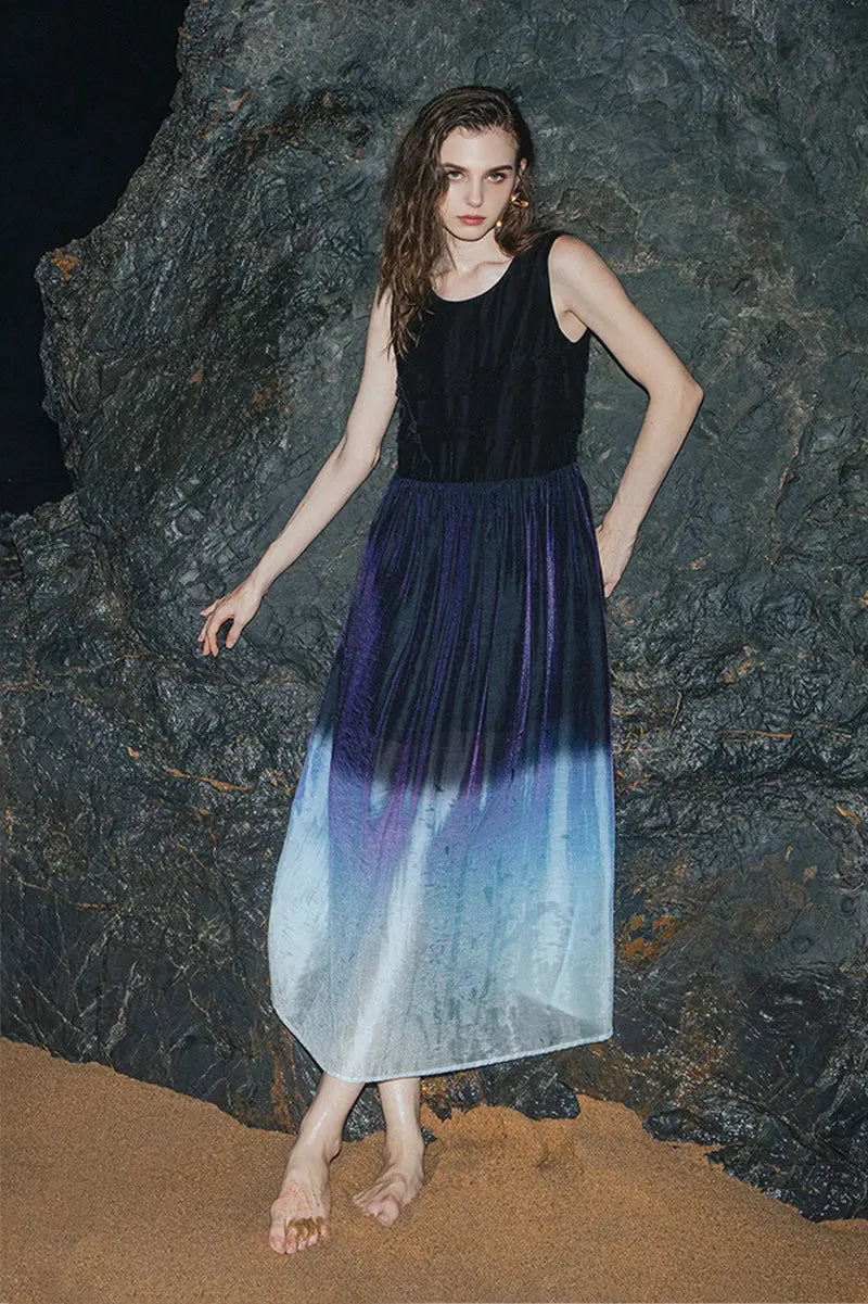 Ombre Sleeveless Trapeze Midi Dresss