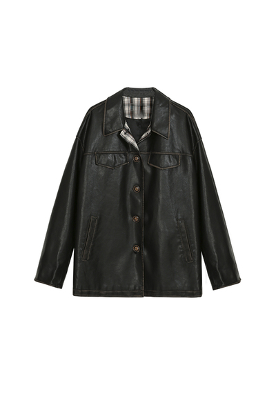 Oversized Color Block Faux Leather Shirt Jacket