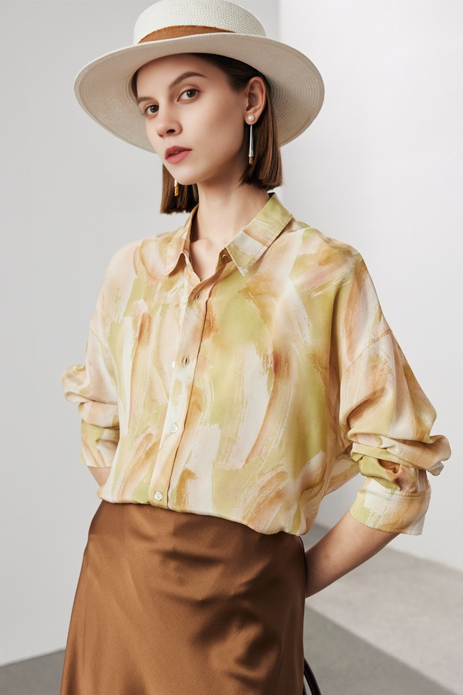 Oversized Floral Print Pure Mulberry Silk Blouse