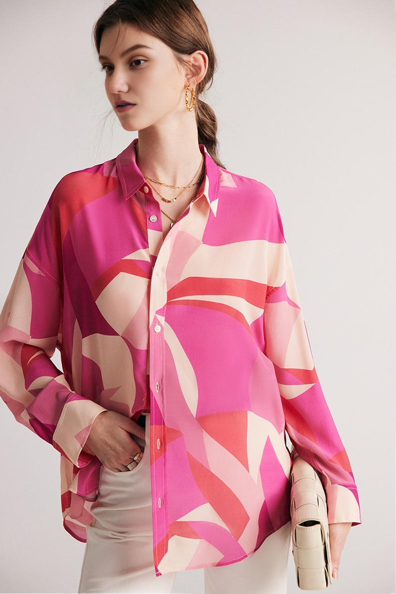Oversized Floral Print Pure Mulberry Silk Blouse