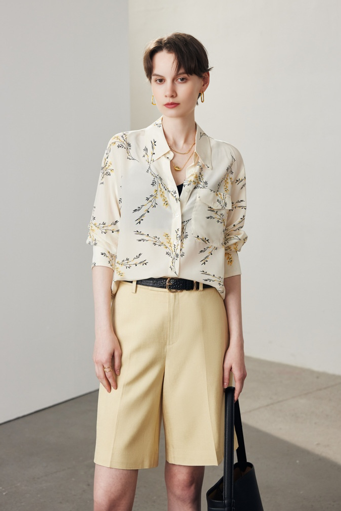 Oversized Floral Printed Pure Mulberry Silk Blouse with Pocket
