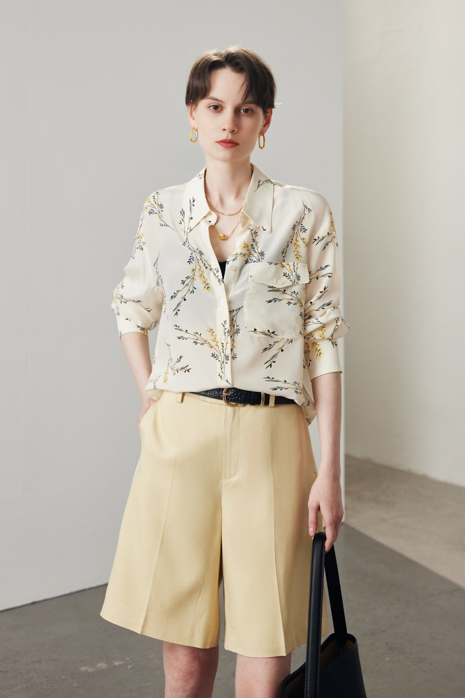 Oversized Floral Printed Pure Mulberry Silk Blouse with Pocket