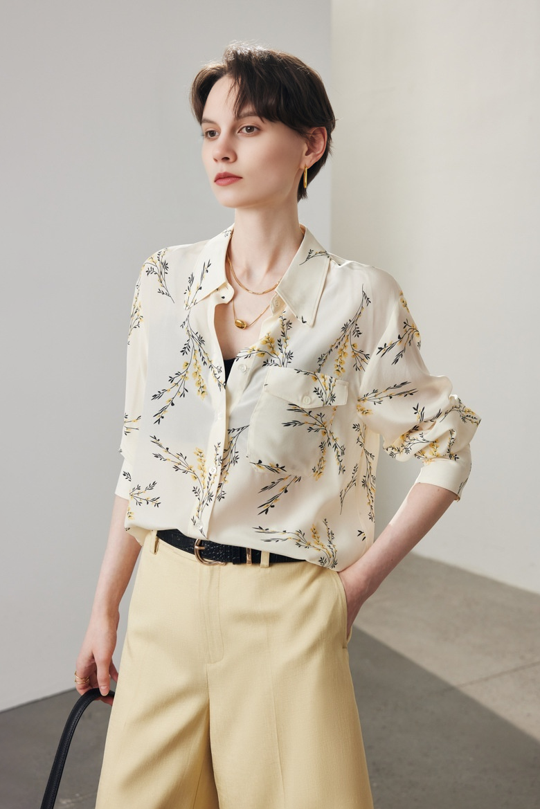 Oversized Floral Printed Pure Mulberry Silk Blouse with Pocket