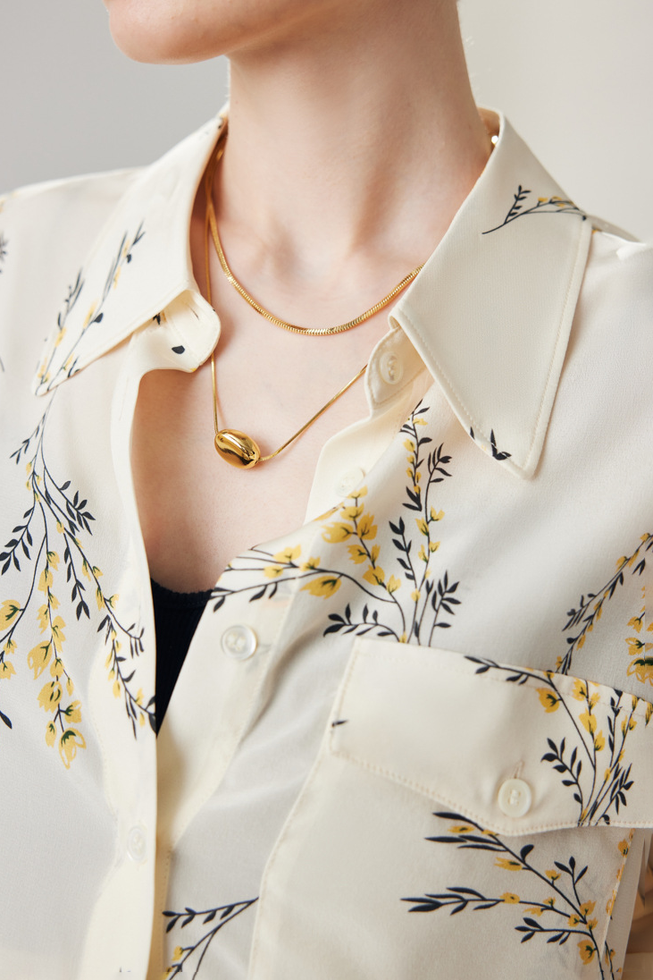 Oversized Floral Printed Pure Mulberry Silk Blouse with Pocket
