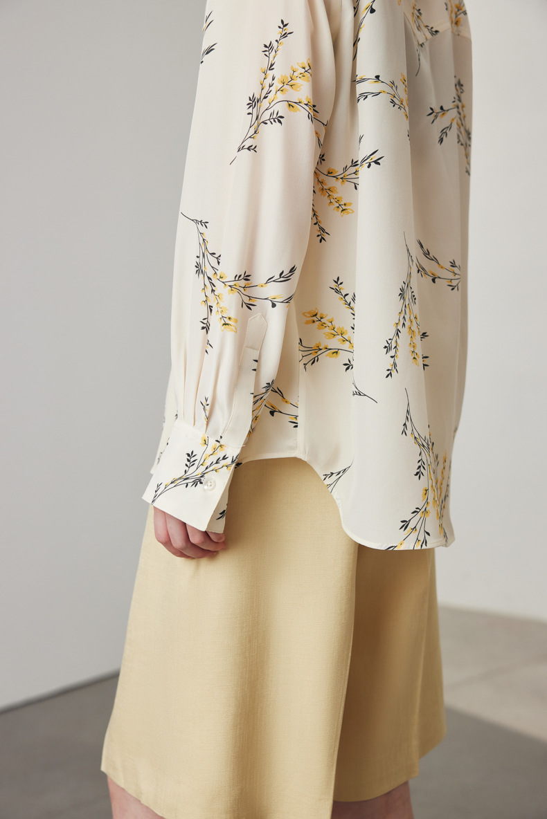Oversized Floral Printed Pure Mulberry Silk Blouse with Pocket