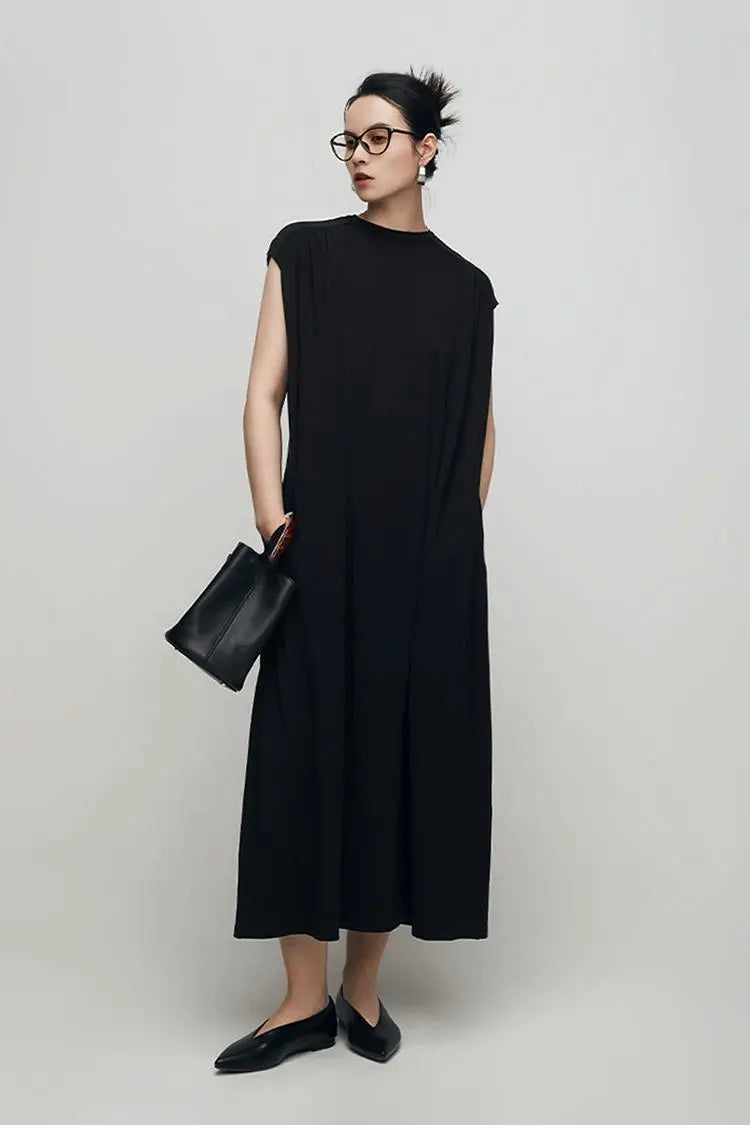 Oversized Padded Shoulder Acetate Sleeveless Shirt Dress