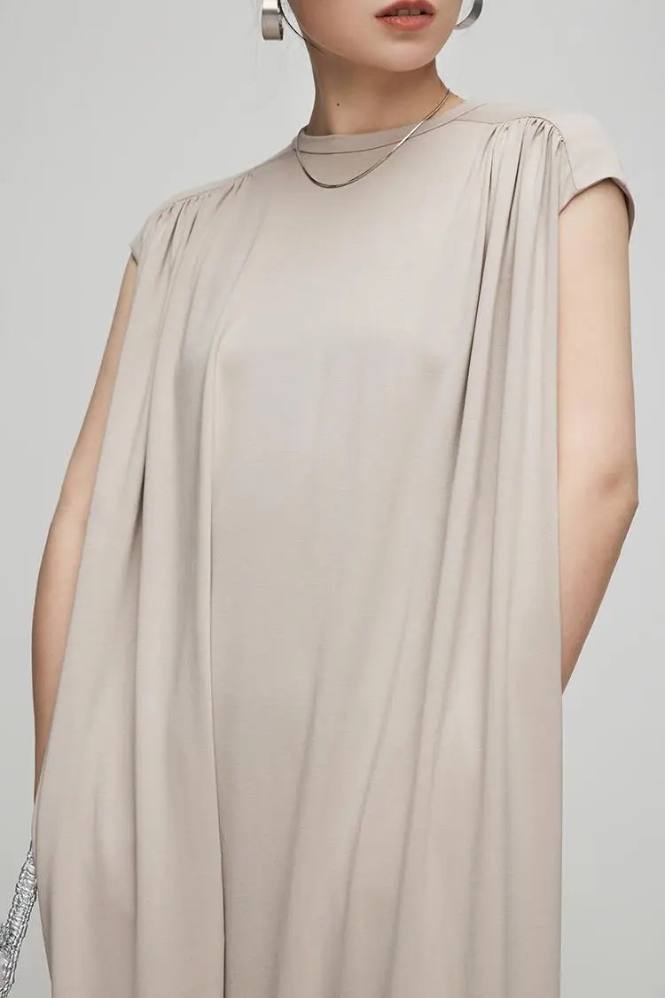 Oversized Padded Shoulder Acetate Sleeveless Shirt Dress