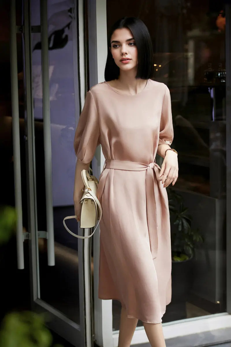 Pink 30MM Silk Crepe Belted Midi Dress