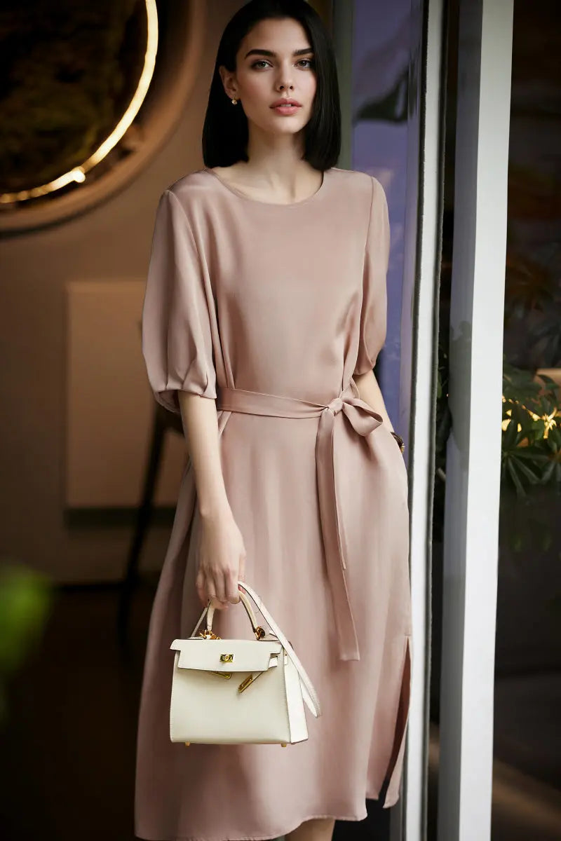 Pink 30MM Silk Crepe Belted Midi Dress