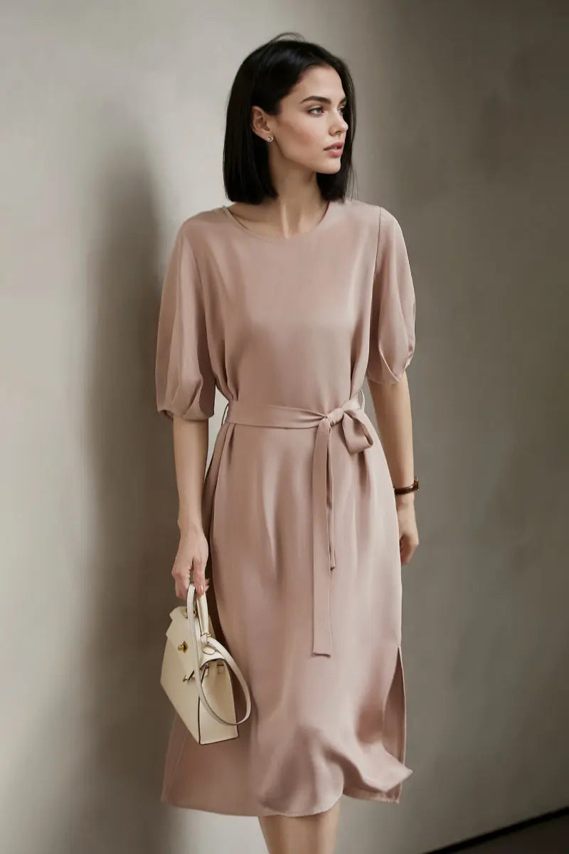 Pink 30MM Silk Crepe Belted Midi Dress