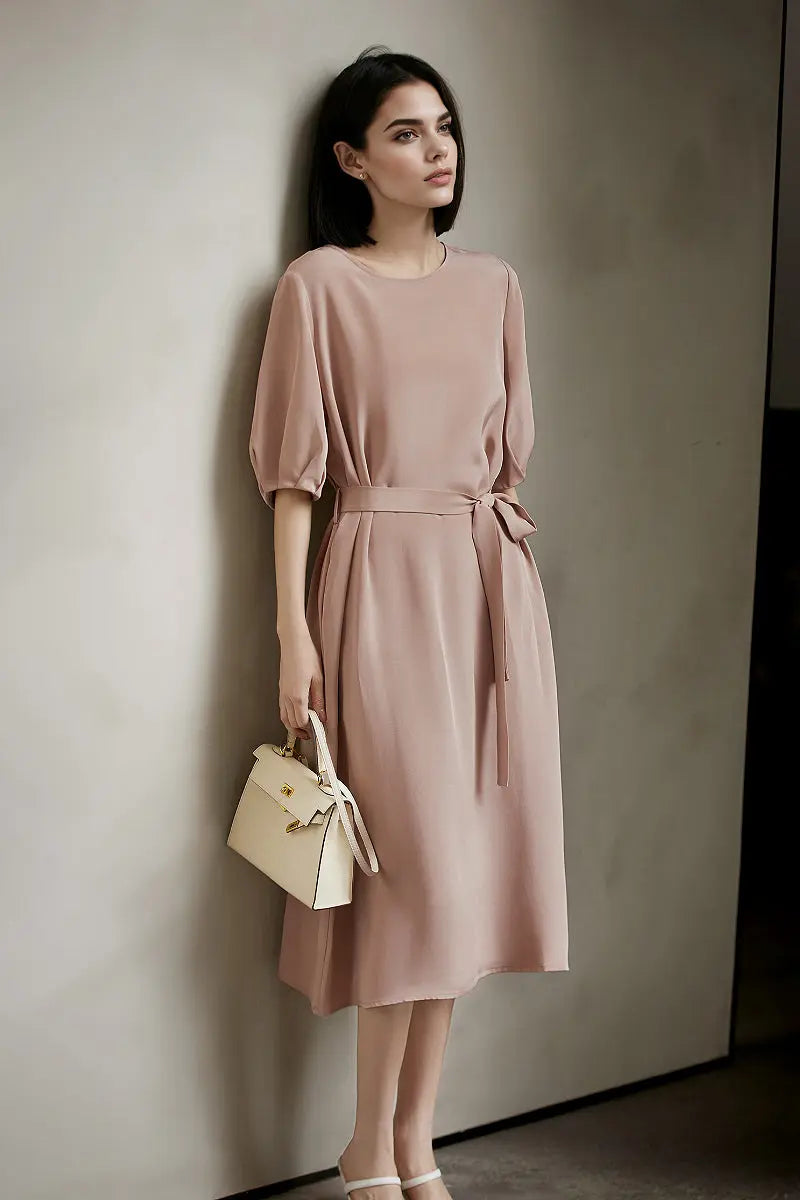 Pink 30MM Silk Crepe Belted Midi Dress