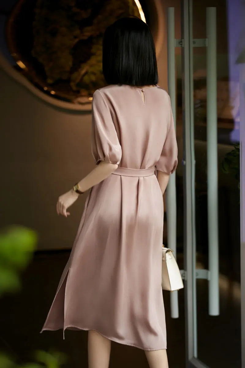Pink 30MM Silk Crepe Belted Midi Dress