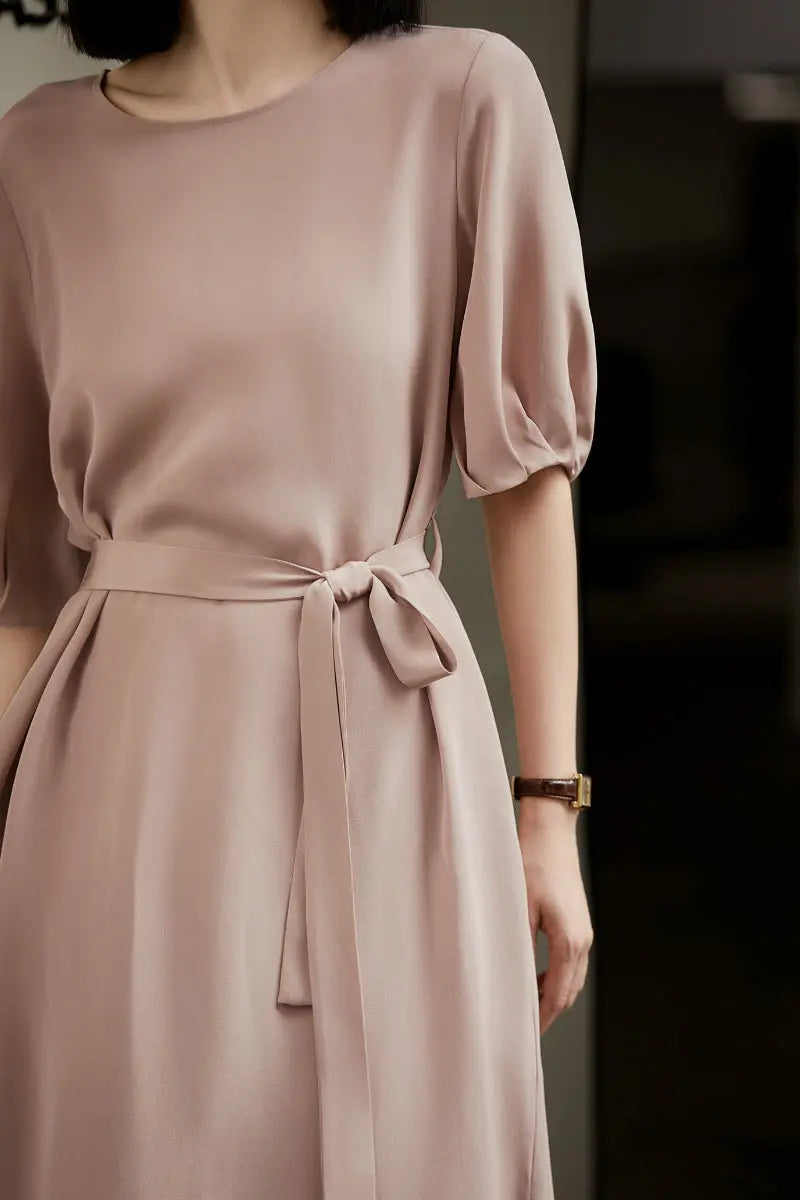 Pink 30MM Silk Crepe Belted Midi Dress