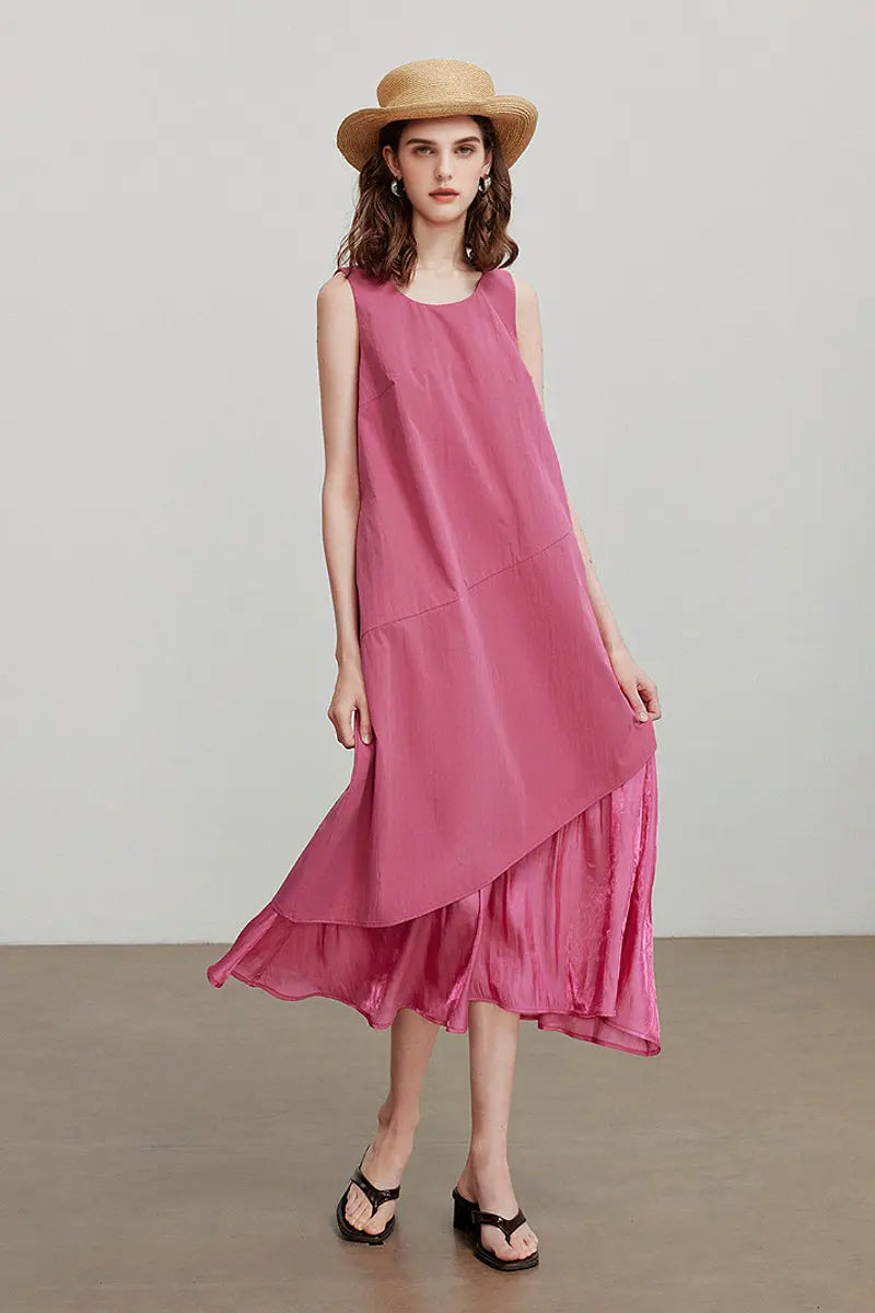 Pink Flowy Asymmetrical Sleeveless Trapeze Midi Dress
