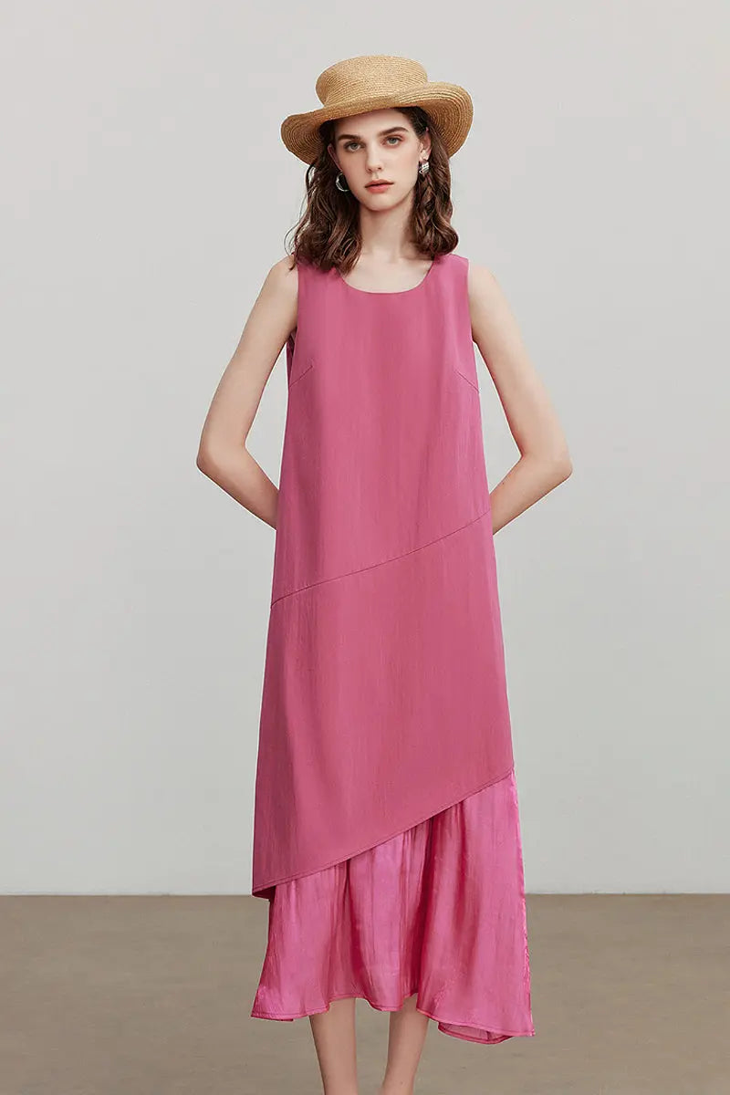 Pink Flowy Asymmetrical Sleeveless Trapeze Midi Dress