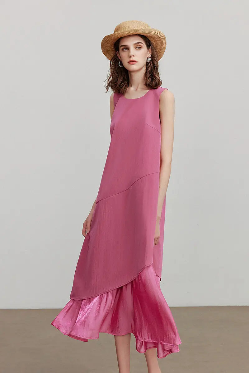 Pink Flowy Asymmetrical Sleeveless Trapeze Midi Dress