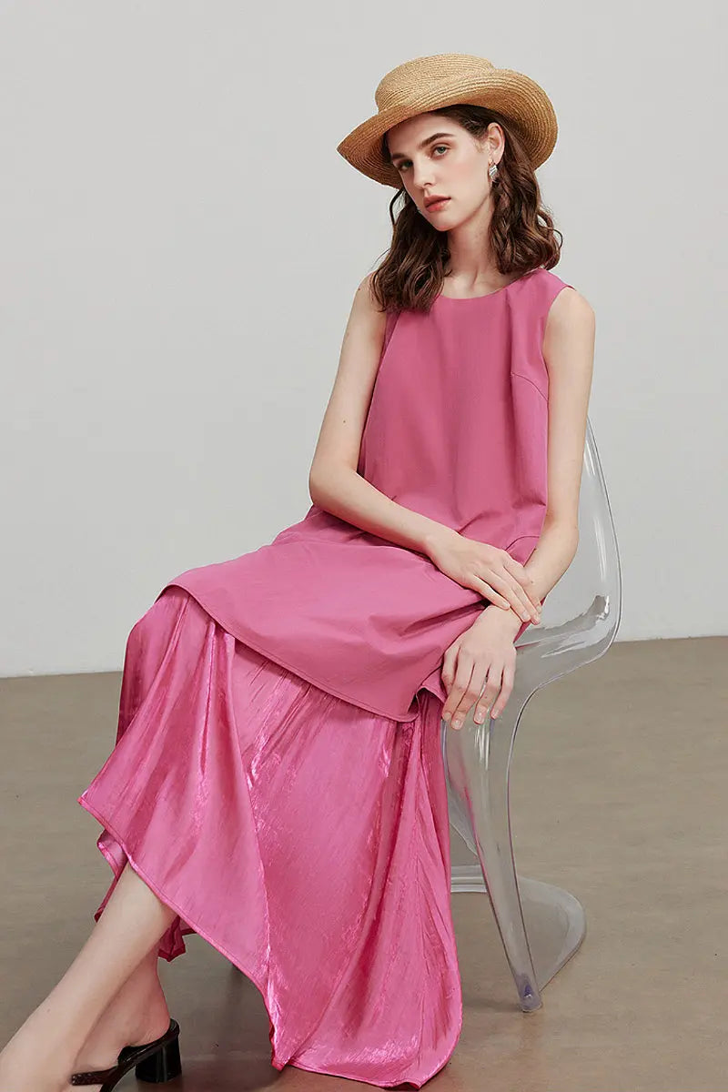 Pink Flowy Asymmetrical Sleeveless Trapeze Midi Dress