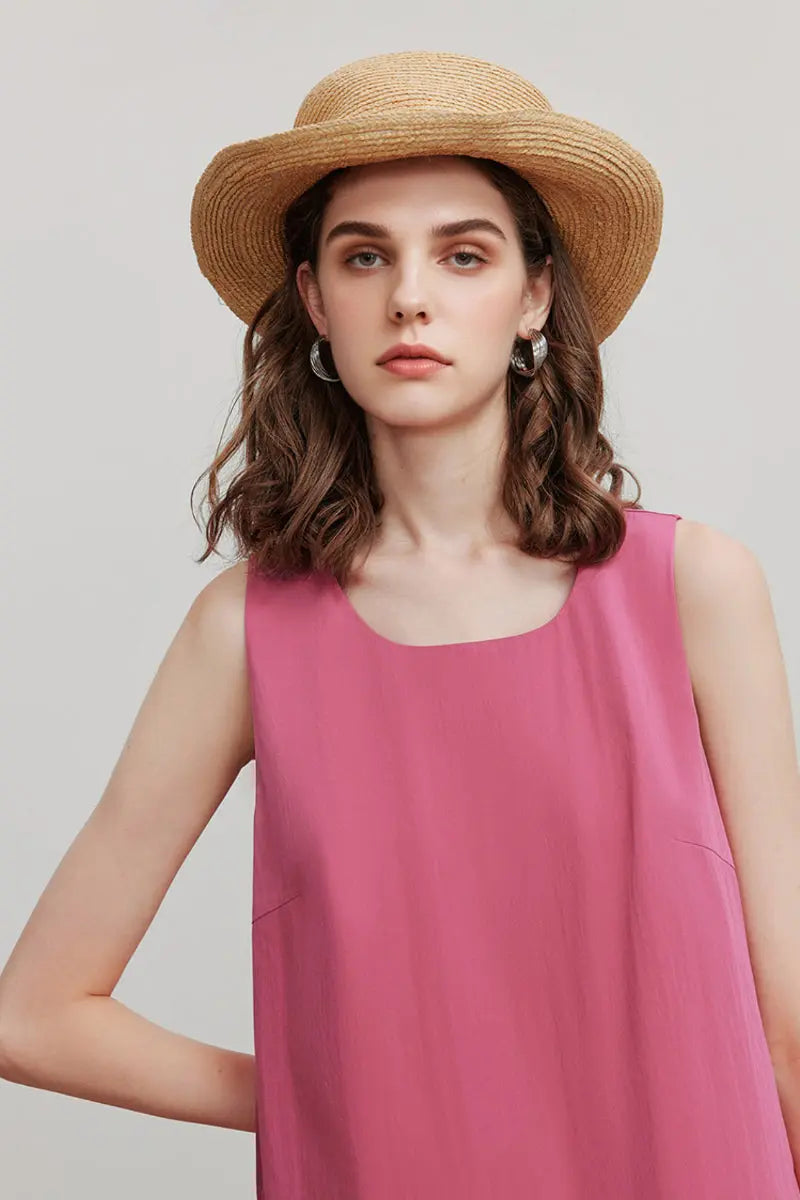Pink Flowy Asymmetrical Sleeveless Trapeze Midi Dress