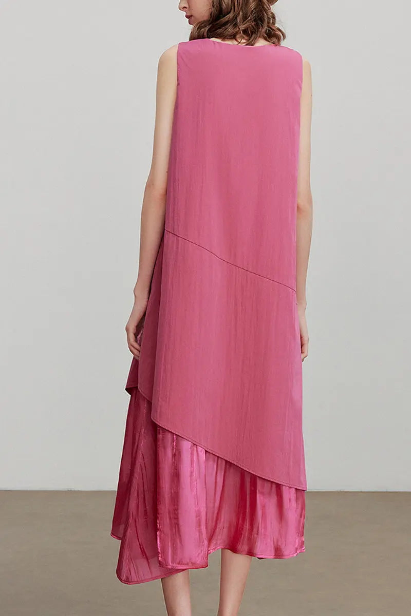Pink Flowy Asymmetrical Sleeveless Trapeze Midi Dress