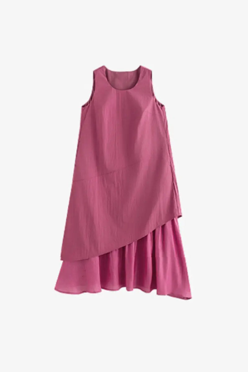 Pink Flowy Asymmetrical Sleeveless Trapeze Midi Dress
