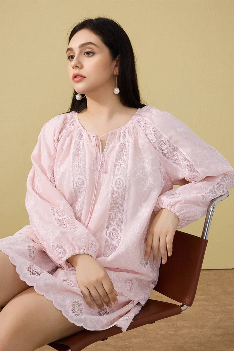 Pink Lace Embroidered Long-Sleeve Tie-Neck Blouse