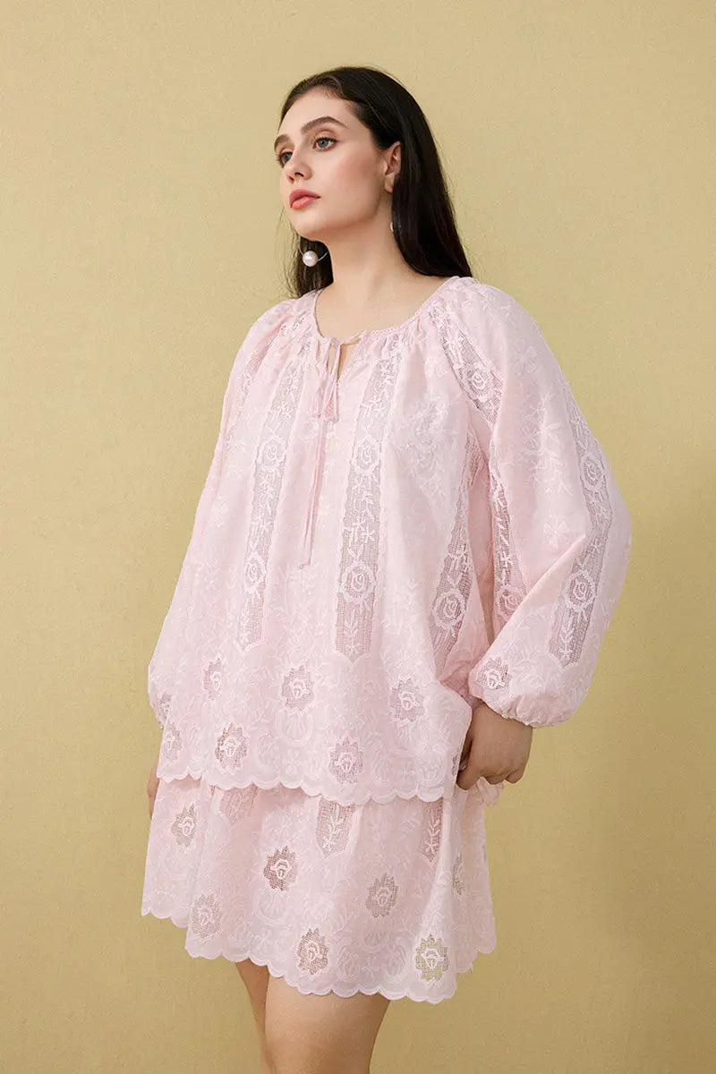 Pink Lace Embroidered Long-Sleeve Tie-Neck Blouse