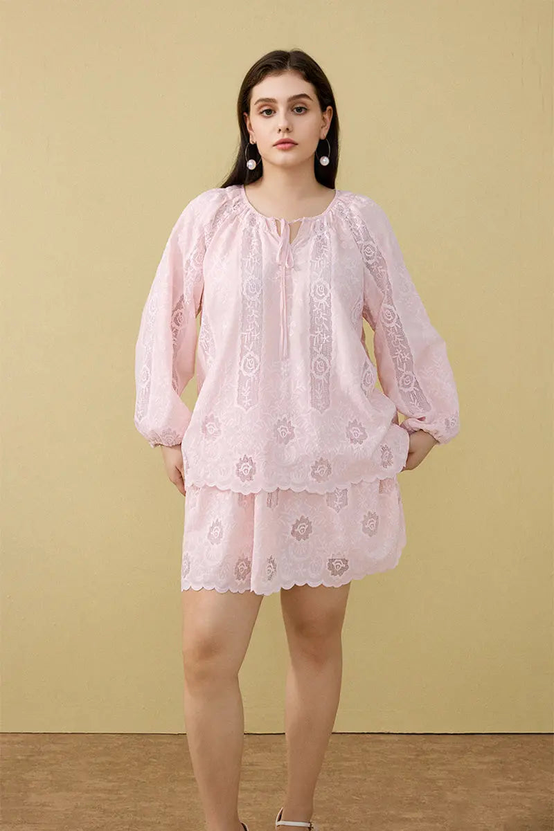 Pink Lace Embroidered Long-Sleeve Tie-Neck Blouse