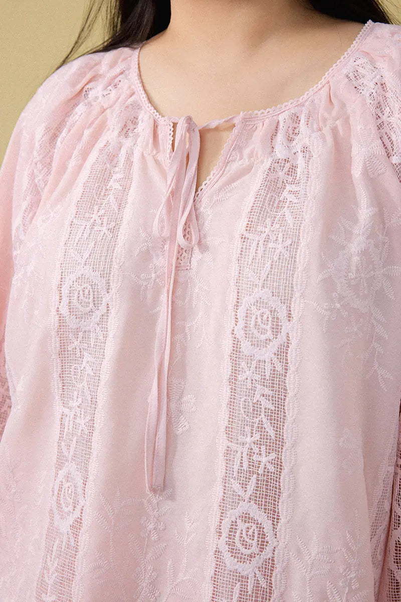Pink Lace Embroidered Long-Sleeve Tie-Neck Blouse