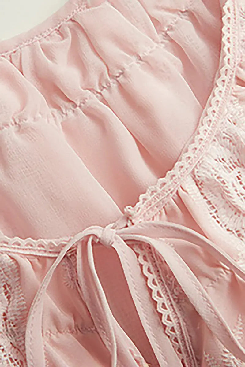 Pink Lace Embroidered Long-Sleeve Tie-Neck Blouse
