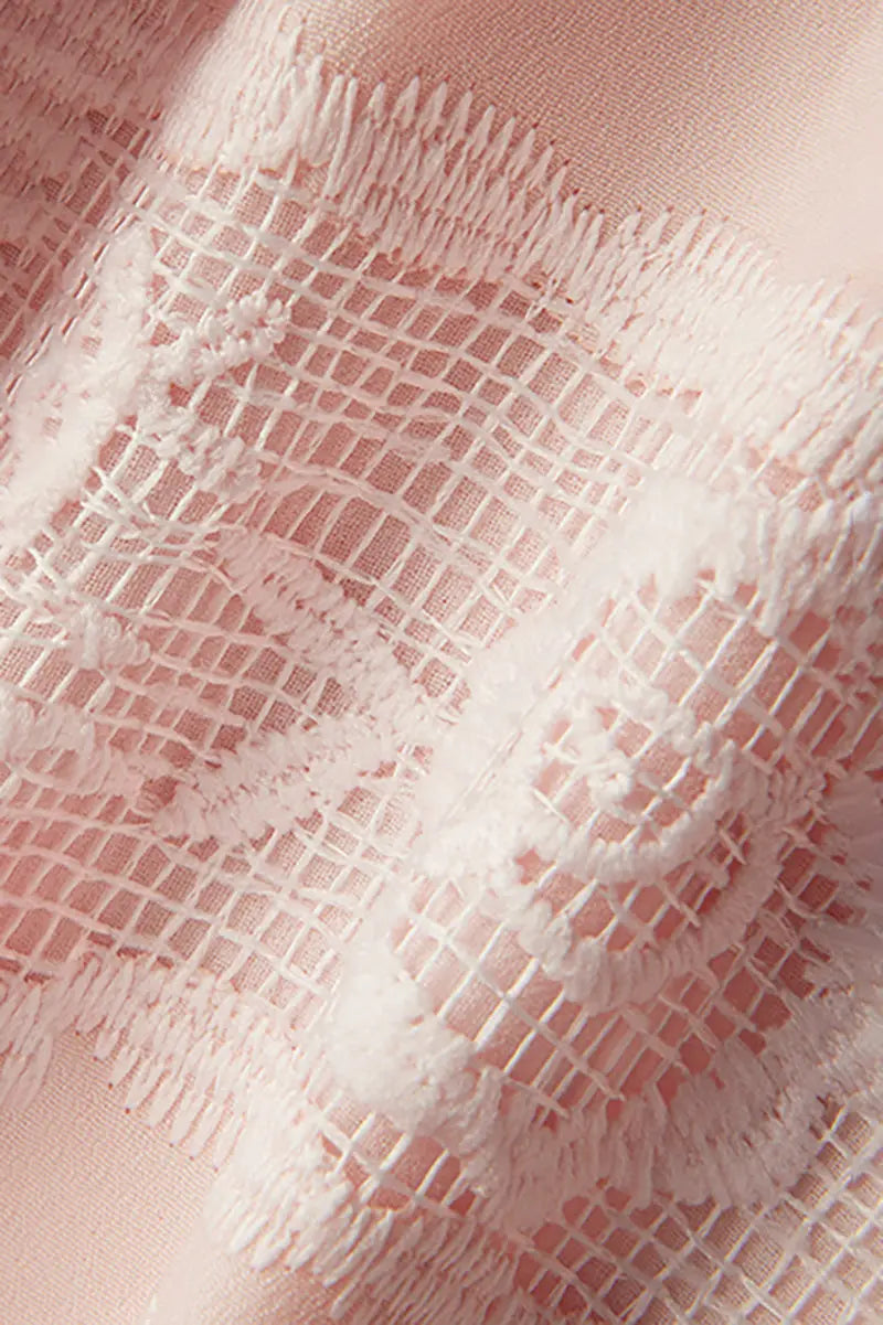 Pink Lace Embroidered Long-Sleeve Tie-Neck Blouse