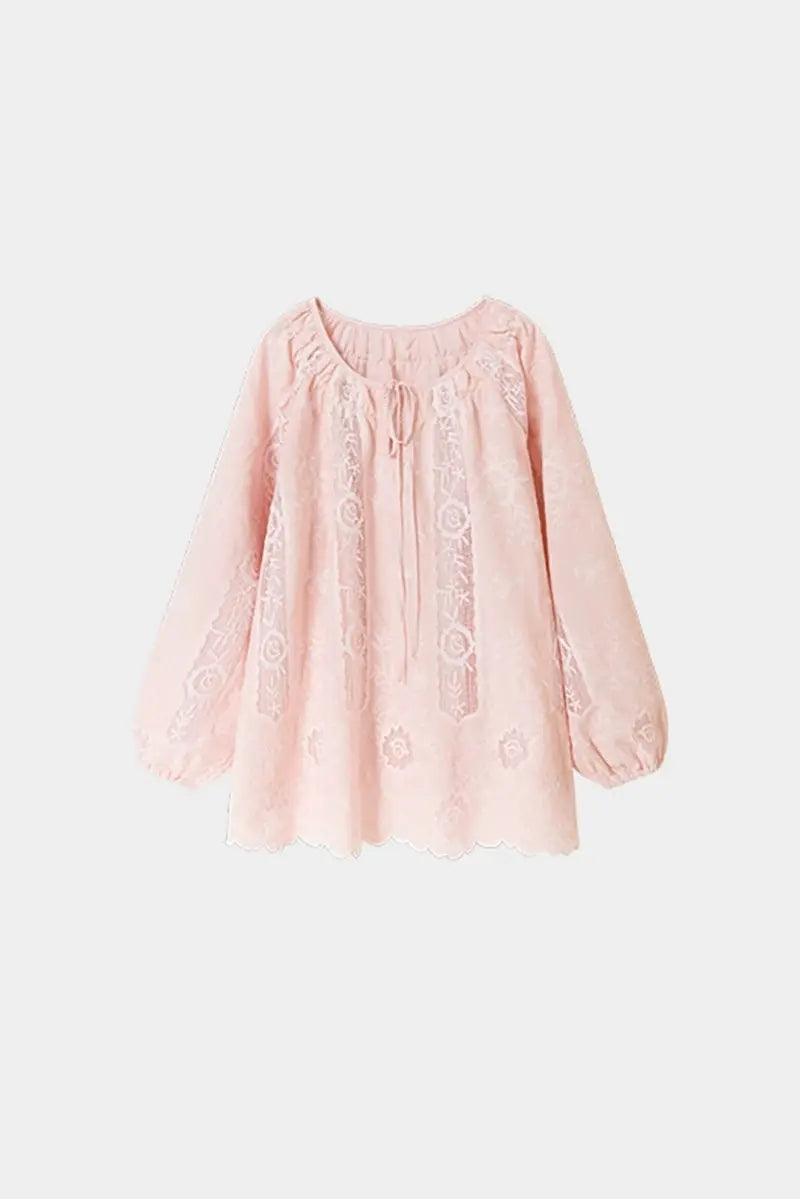 Pink Lace Embroidered Long-Sleeve Tie-Neck Blouse