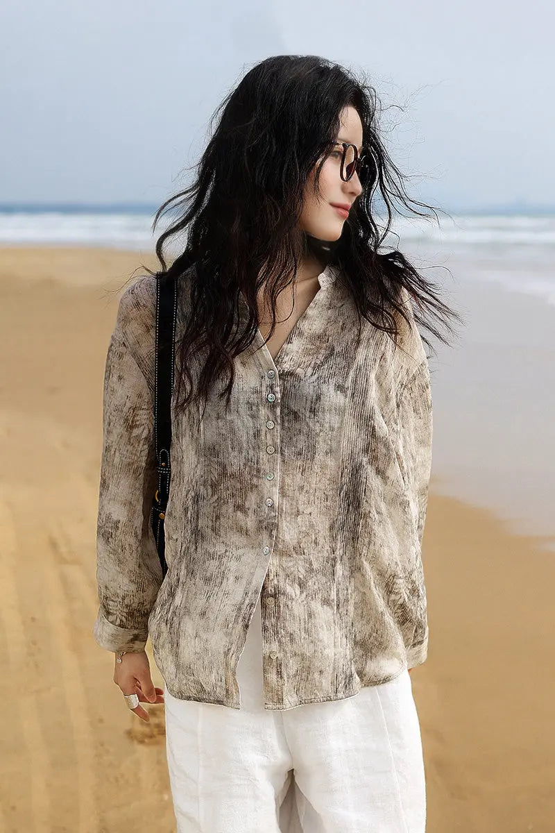 Ramie Beige Tie Dye Sheer Shirt