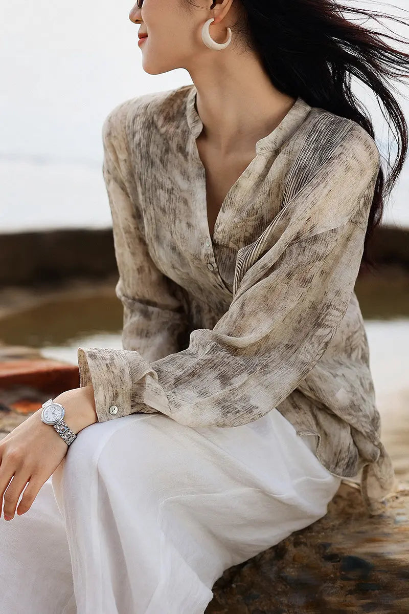 Ramie Beige Tie Dye Sheer Shirt
