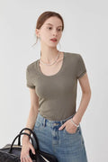 Retro U-Neck Short Sleeve Slim-Fit T-Shirt