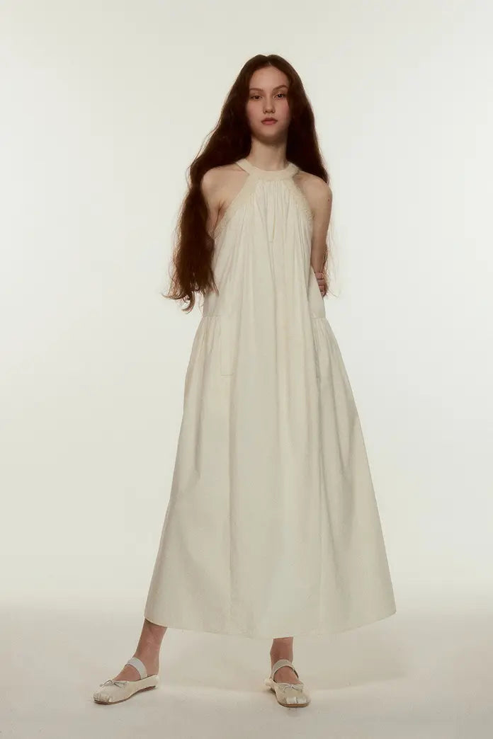 Rib Knit Collar Creamy White Midi Dress