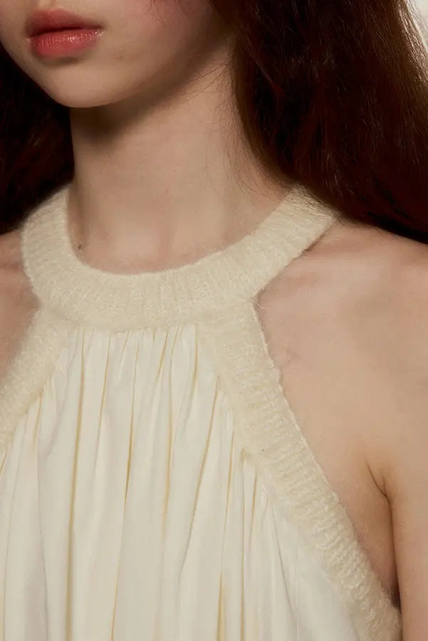 Rib Knit Collar Creamy White Midi Dress
