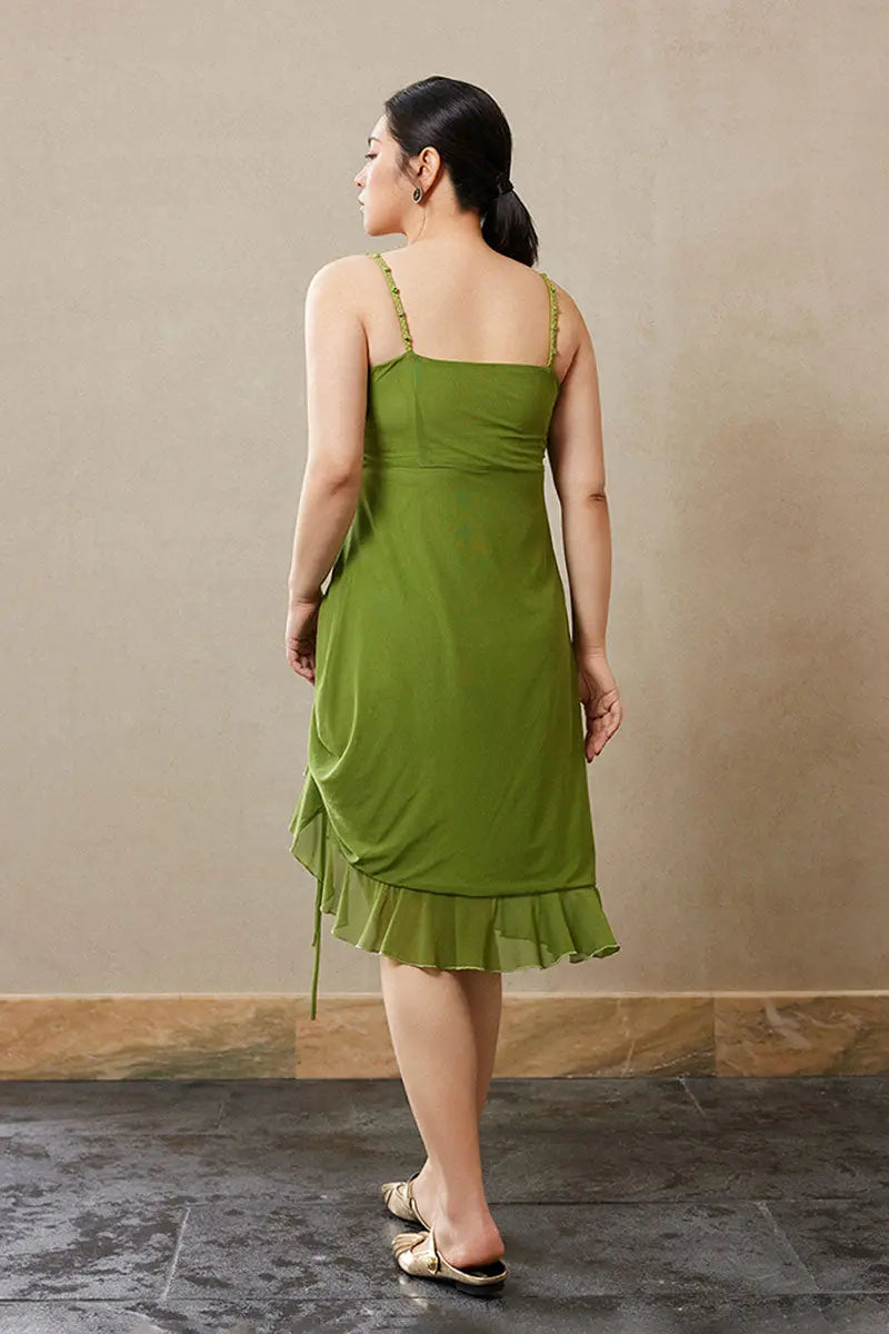 Ruched Mesh Drawstring Midi Dress in Olive Green
