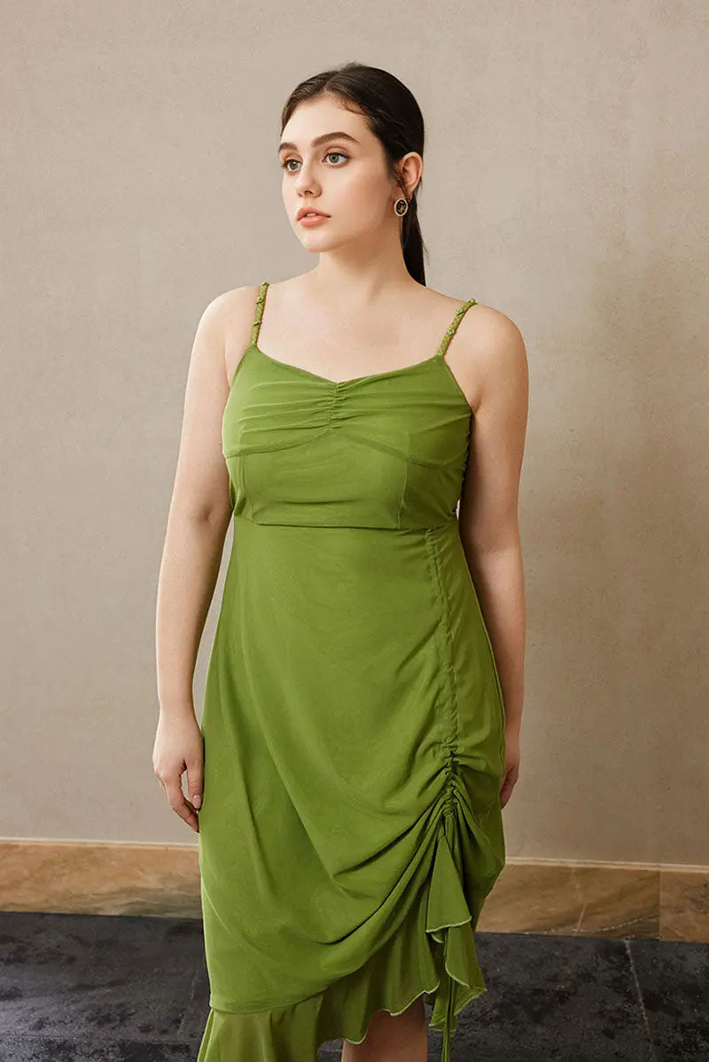 Ruched Mesh Drawstring Midi Dress in Olive Green